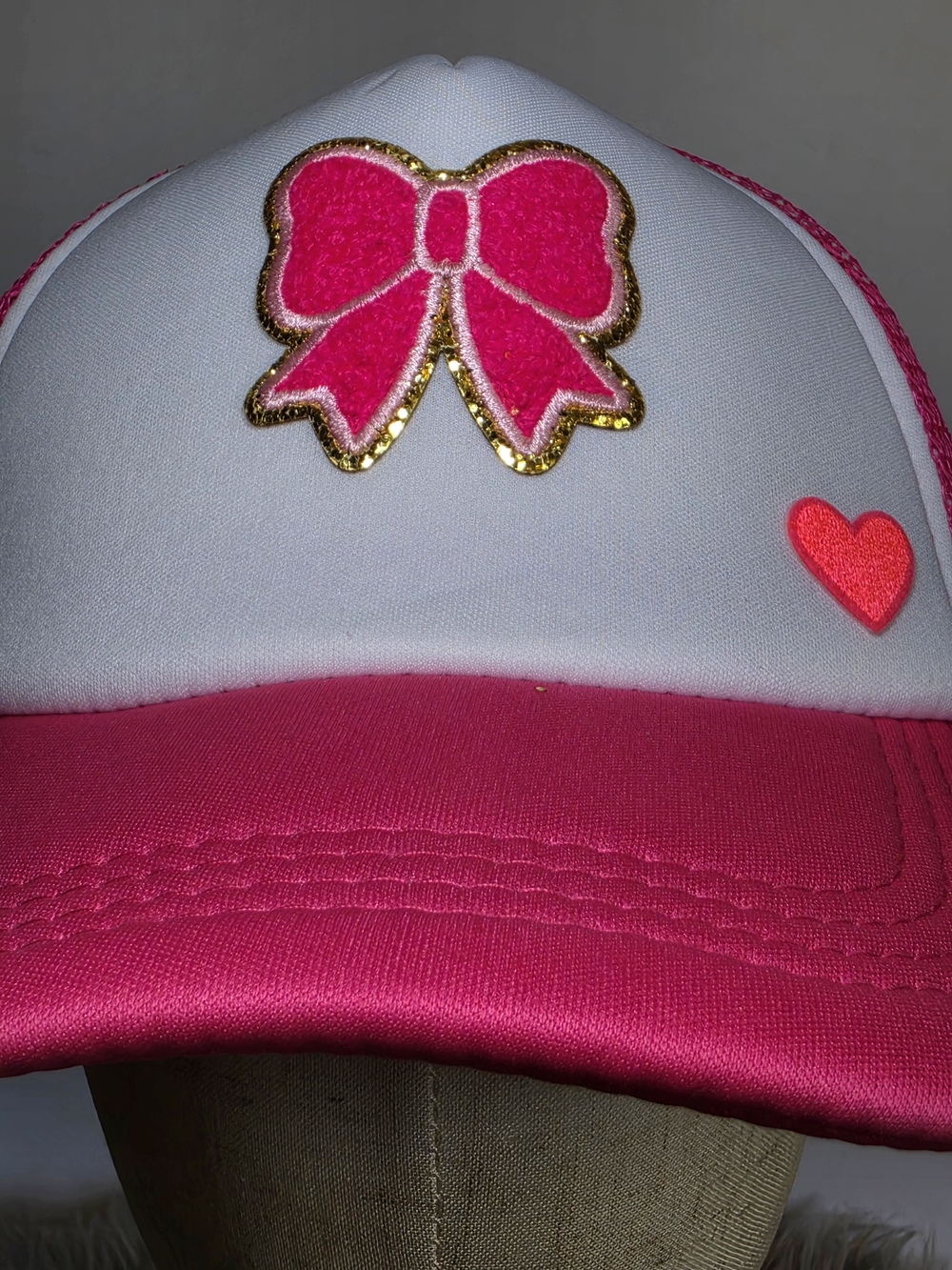 90s Inspired Woman's Pink & White Bow Trucker Hat With Neon Heart & Gold Glitter